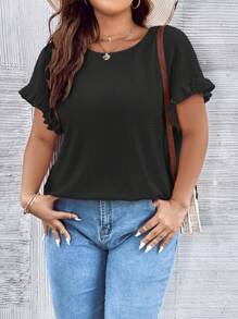 SHEIN LUNE Plus Solid Flounce Sleeve Tee - Black - View 1