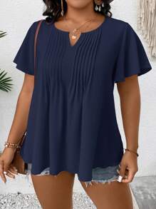 SHEIN LUNE Plus Notched Neckline Fold Pleated Blouse - Navy Blue - View 1