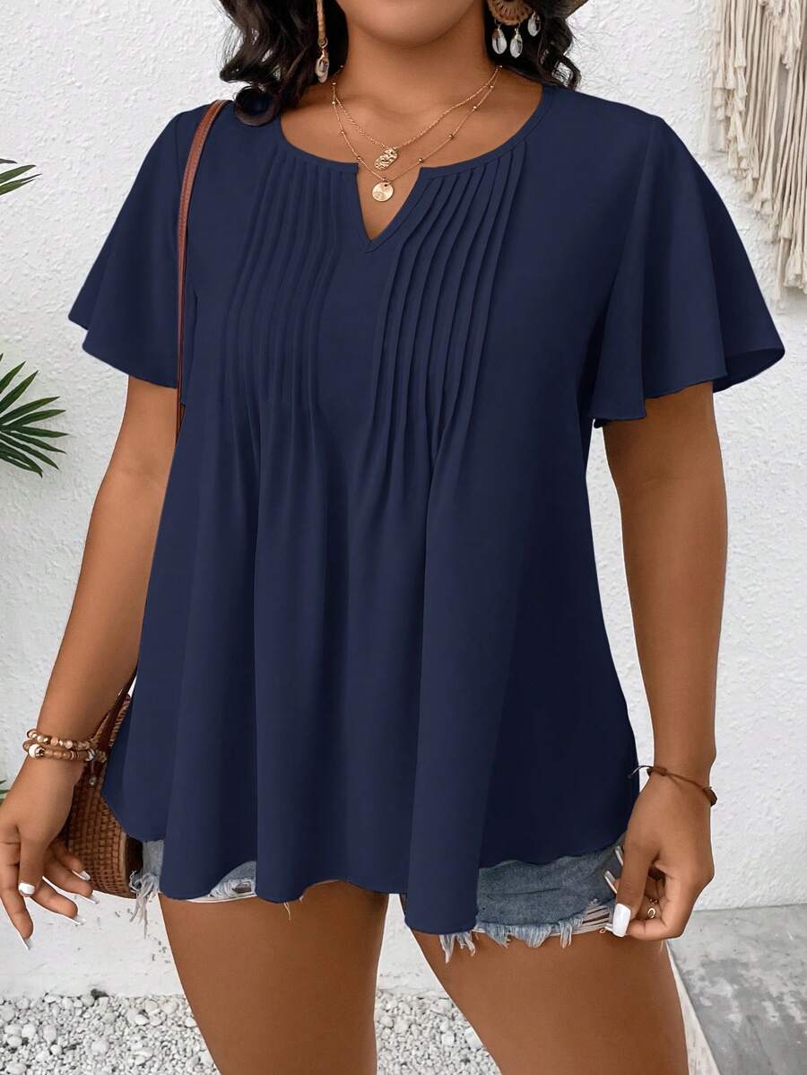 SHEIN LUNE Plus Notched Neckline Fold Pleated Blouse - Navy Blue - View 1