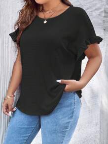 SHEIN LUNE Plus Solid Flounce Sleeve Tee - Black - View 3