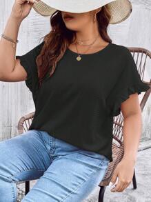 SHEIN LUNE Plus Solid Flounce Sleeve Tee - Black - View 5
