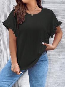 SHEIN LUNE Plus Solid Flounce Sleeve Tee - Black - View 6