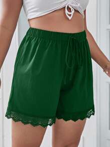 SHEIN Holidaya Plus Tie Front Lace Trim Shorts - Green - View 5