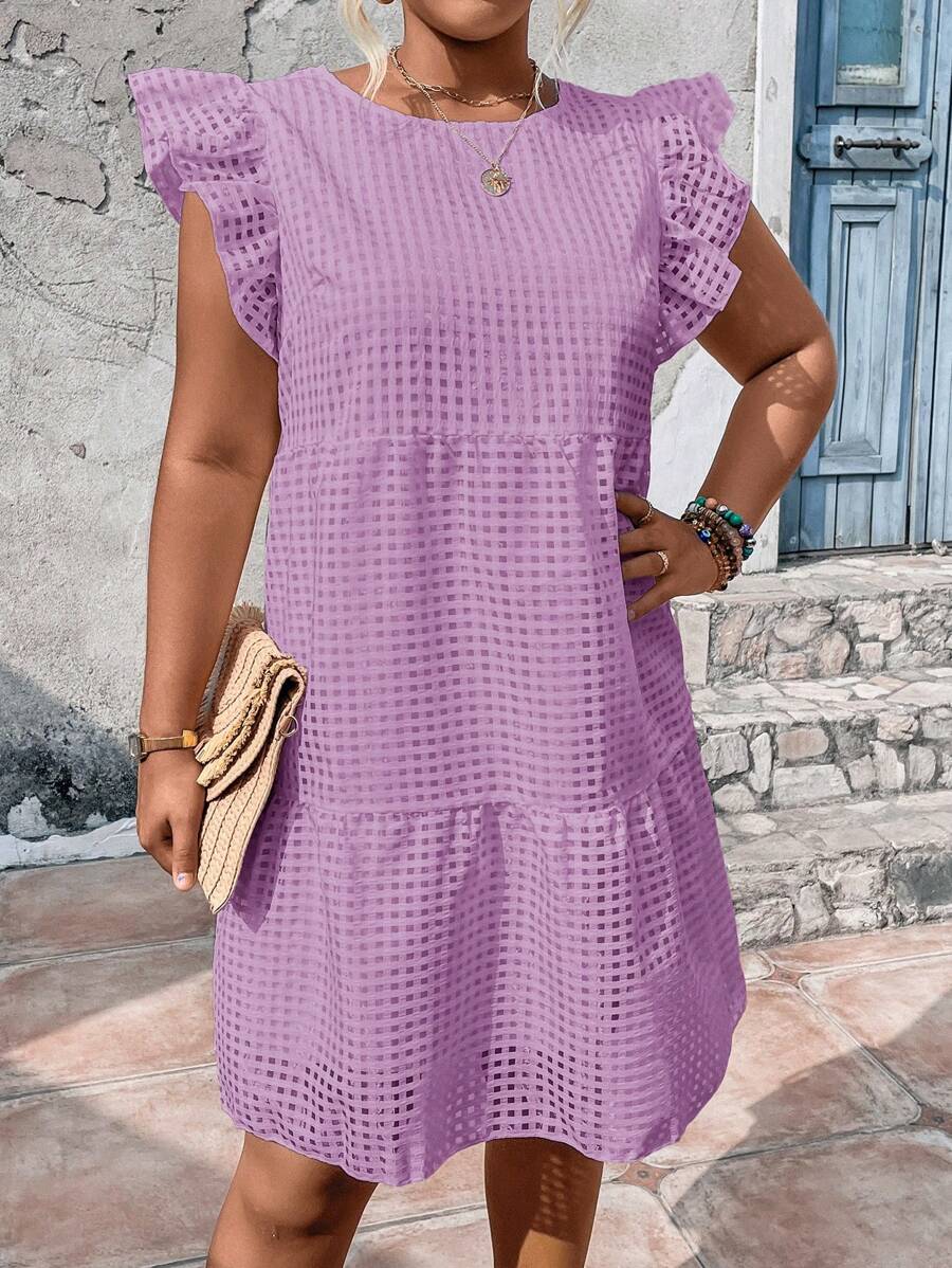 Breezaya Plus Ruffle Trim Smock Dress - Purple - View 1