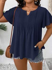 SHEIN LUNE Plus Notched Neckline Fold Pleated Blouse - Navy Blue - View 3