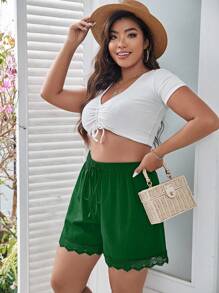 SHEIN Holidaya Plus Tie Front Lace Trim Shorts - Green - View 6