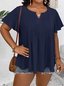 SHEIN LUNE Plus Notched Neckline Fold Pleated Blouse - Navy Blue - View 5