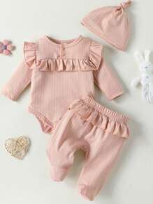 Baby Ruffle Trim Sleep Bodysuit & Footed Trousers - Dusty Pink - View 1