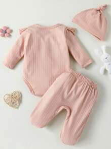 Baby Ruffle Trim Sleep Bodysuit & Footed Trousers - Dusty Pink - View 2
