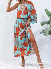 SHEIN Holidaya Đầm Bất đối xứng Tách cao Hoa Tất cả trên in Boho - Màu xanh bạc hà - Xem 5