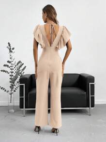 SHEIN BIZwear 素色蝴蝶袖交疊領連身褲工作服 - 卡其色 - 查看 2