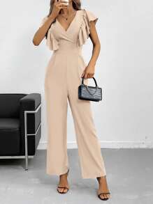 SHEIN BIZwear 素色蝴蝶袖交疊領連身褲工作服 - 卡其色 - 查看 3