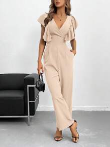 SHEIN BIZwear 素色蝴蝶袖交疊領連身褲工作服 - 卡其色 - 查看 4