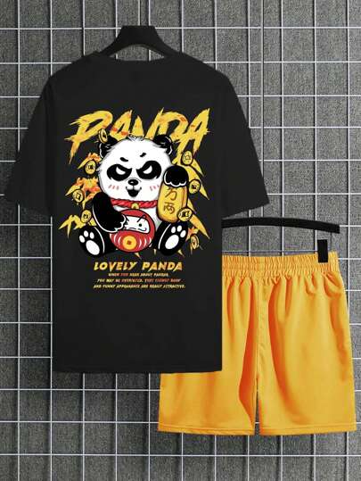 Herren T-Shirt mit Cartoon Grafik & Shorts mit Tunnelzug