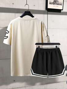 Aesthetic Post 男士字母圖案T恤和條紋飾邊短褲 - 彩色 - 查看 2