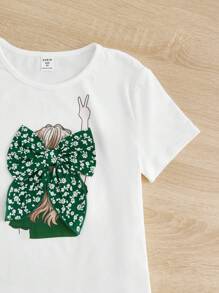 SHEIN Tween Girl Ditsy Floral & Figure Graphic Bow Detail Tee & Belted Shorts - Green - View 3