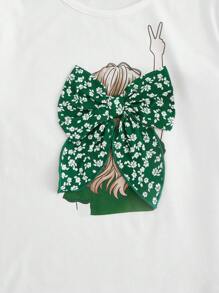 SHEIN Tween Girl Ditsy Floral & Figure Graphic Bow Detail Tee & Belted Shorts - Green - View 4