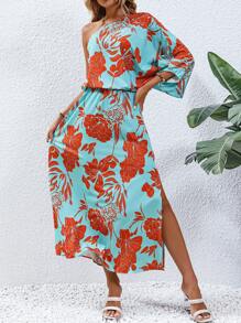SHEIN Holidaya Đầm Bất đối xứng Tách cao Hoa Tất cả trên in Boho - Màu xanh bạc hà - Xem 6