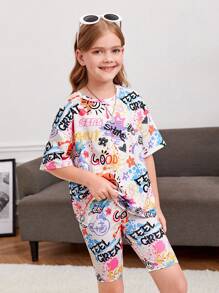 SHEIN Tween女孩字母&卡通圖形垂墜肩t恤&騎行短褲 - 彩色 - 查看 1