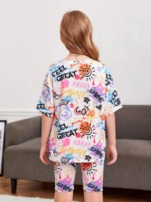 SHEIN Tween女孩字母&卡通圖形垂墜肩t恤&騎行短褲 - 彩色 - 查看 2