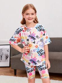 SHEIN Tween女孩字母&卡通圖形垂墜肩t恤&騎行短褲 - 彩色 - 查看 5