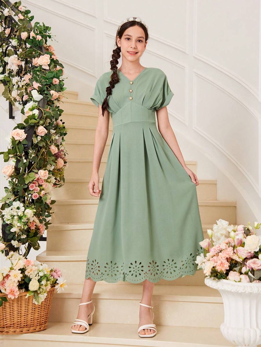 SHEIN 青少年女孩鏤空褶皺細節蝙蝠袖連衣裙 - 薄荷綠 - 查看 1