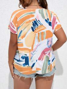 SHEIN LUNE Plus Brush Print Keyhole Neckline Batwing Sleeve Blouse - Multicolor - View 2