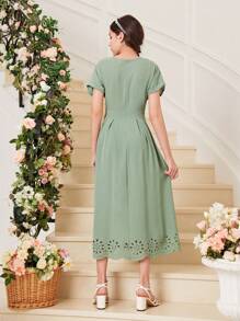 SHEIN 青少年女孩鏤空褶皺細節蝙蝠袖連衣裙 - 薄荷綠 - 查看 2