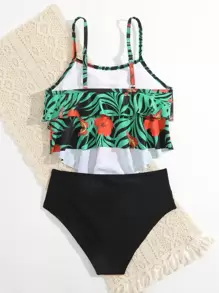 SHEIN Tween Girl Tropical Print Layer Hem Bikini Set Summer Beach