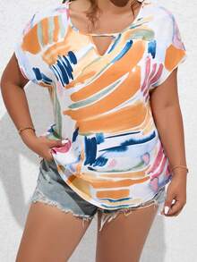 SHEIN LUNE Plus Brush Print Keyhole Neckline Batwing Sleeve Blouse - Multicolor - View 5