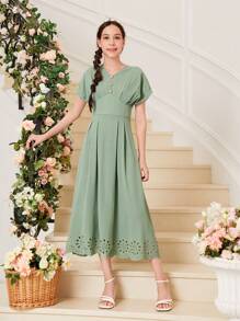 SHEIN 青少年女孩鏤空褶皺細節蝙蝠袖連衣裙 - 薄荷綠 - 查看 3