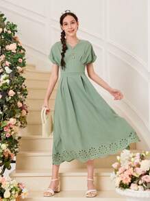 SHEIN 青少年女孩鏤空褶皺細節蝙蝠袖連衣裙 - 薄荷綠 - 查看 5