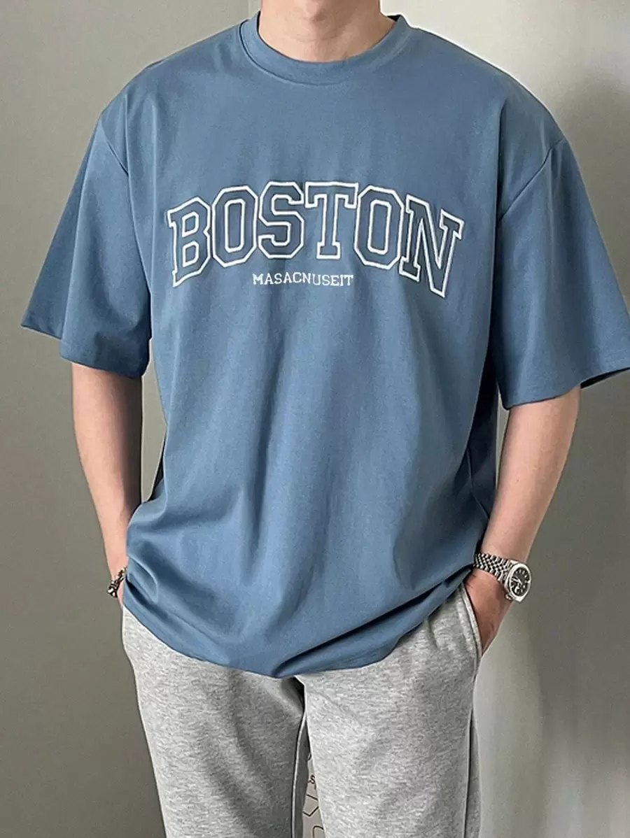 DAZY Men Cotton Letter Graphic Drop Shoulder Tee - Dusty Blue - View 1