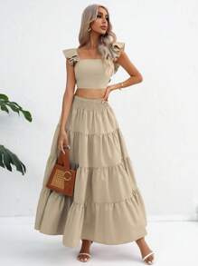 SHEIN VCAY 素色荷葉邊短款上衣和荷葉邊半身裙 - 卡其色 - 查看 3