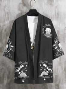 Manfinity LEGND Men Cartoon & Star Print Drop Shoulder Kimono Without Tee - Black - View 1