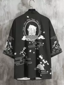 Manfinity LEGND Men Cartoon & Star Print Drop Shoulder Kimono Without Tee - Black - View 2
