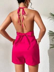 SHEIN Privé Solid Backless Halter Top & Shorts - Hot Pink - View 2