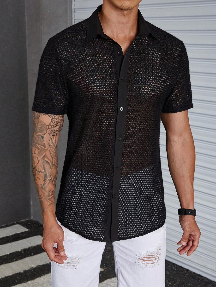 Manfinity Homme Men Hollow Out Button Front Shirt - Black - View 1