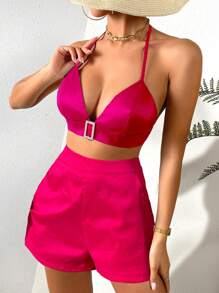 SHEIN Privé Solid Backless Halter Top & Shorts - Hot Pink - View 3