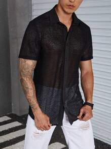 Manfinity Homme Men Hollow Out Button Front Shirt - Black - View 3