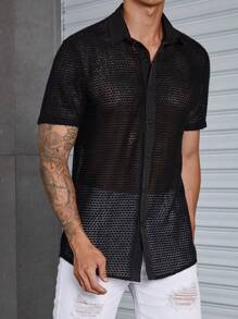 Manfinity Homme Men Hollow Out Button Front Shirt - Black - View 4