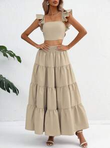 SHEIN VCAY 素色荷葉邊短款上衣和荷葉邊半身裙 - 卡其色 - 查看 7