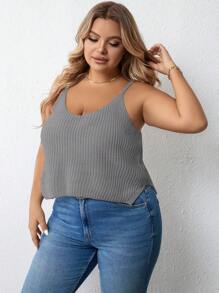 SHEIN Essnce Plus Solid Cami Knit Top - Grey - View 3