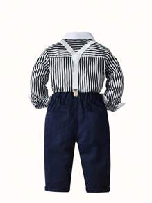 童裝條紋襯衫、褲子、吊帶、蝴蝶結4件組、兒童紳士西裝、幼兒男孩表演、正式禮服