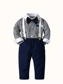 童裝條紋襯衫、褲子、吊帶、蝴蝶結4件組、兒童紳士西裝、幼兒男孩表演、正式禮服