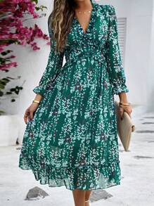SHEIN Holidaya Ditsy Floral Print Flounce Sleeve Ruffle Hem Dress Maxi Vacation Beach Outfits Women - Green - View 1