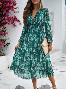 SHEIN Holidaya Ditsy Floral Print Flounce Sleeve Ruffle Hem Dress Maxi Vacation Beach Outfits Women - Green - View 3