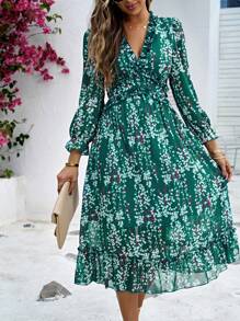 SHEIN Holidaya Ditsy Floral Print Flounce Sleeve Ruffle Hem Dress Maxi Vacation Beach Outfits Women - Green - View 6