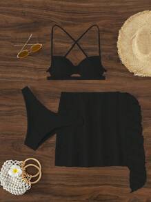 Bañador bikini liso con falda de playa - Negro - Ver 4