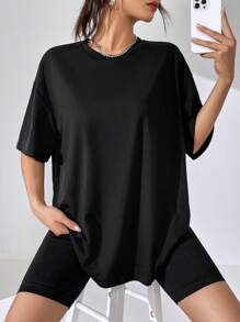 SHEIN EZwear Oversized Casual US Dollar & Teddy Round Neck Short Sleeve T-Shirt For Women, Suitable For Summer - Black - View 3